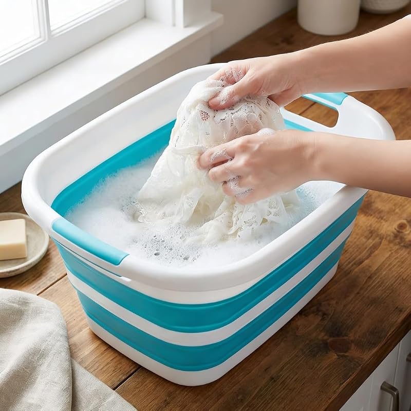 Taça Dobrável 26 L – Cesto de roupa suja feito de plástico e silicone com alças, cesto multiusos para máquina de lavar a varal, cesto de roupa suja e arrumação doméstica (turquesa, M)