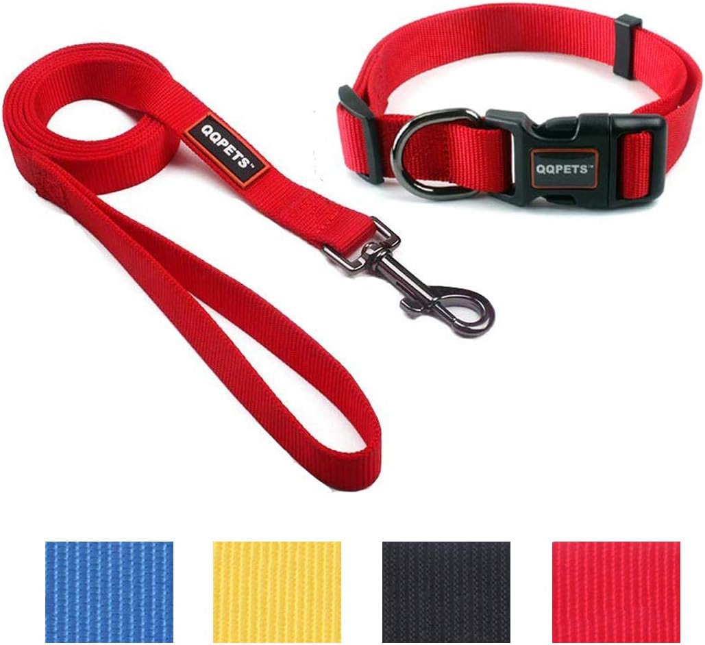 QQPETS Dog Collar and Leash Set, Adjustable Personalized Basic Collars Training Walking for Puppy Medium or Large Dogs Training Walking with Padded Handle (Medium, Red)