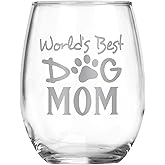 Laser Etchpressions World's Best Dog Mom Stemless Engraved Wine Glass • Present for Mom • Birthday • Mother's Day • Sister • Aunt • Dog Lover Gift