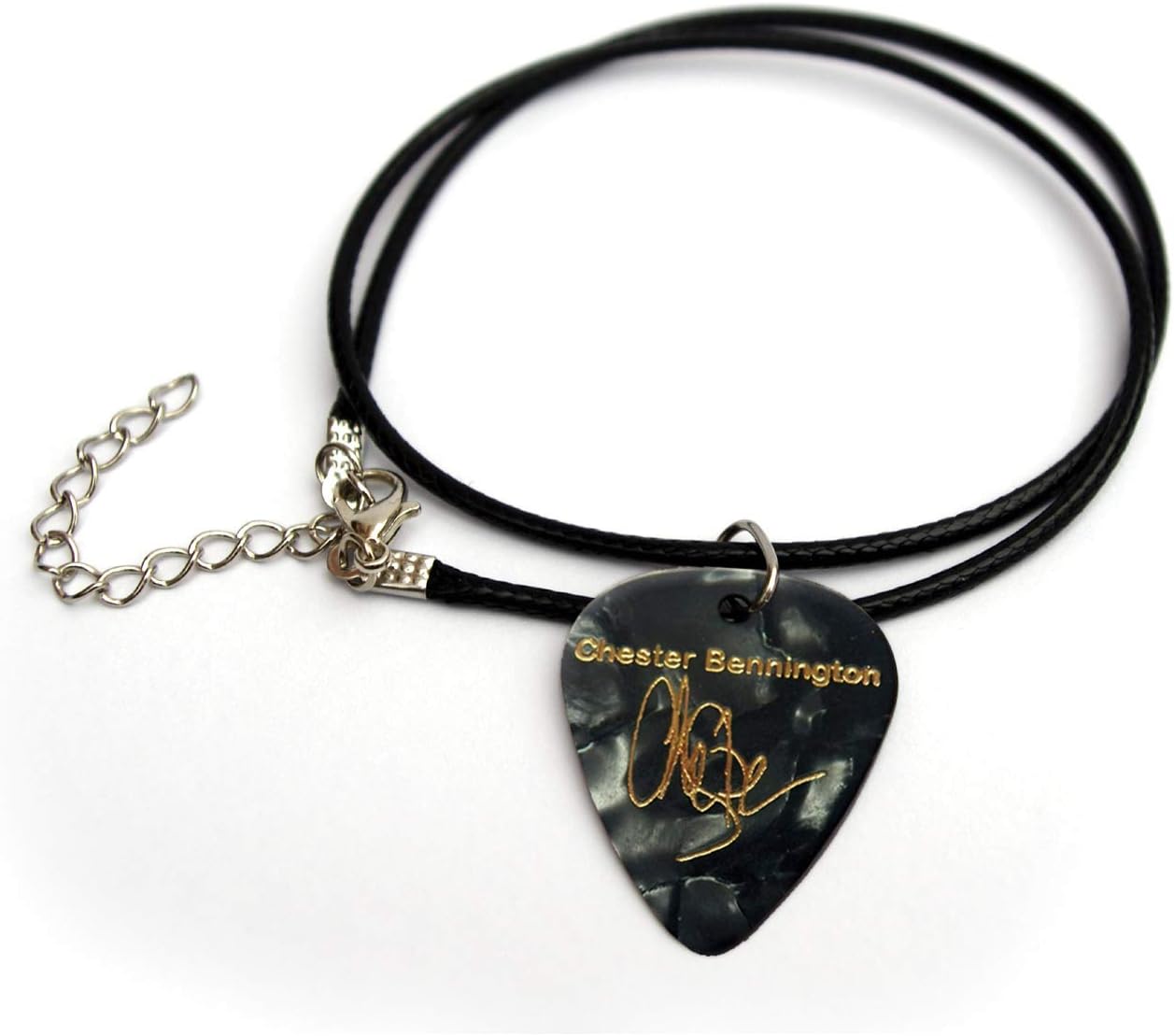Chester Bennington Gold Printed signature guitar pick plectrum cord necklace 18" Black pearl