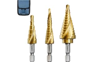 SAMXY HSS Step Drill Bits 3 Piece Titanium Coated Spiral Grooved Step Drill Bit 1/4" Hex Shank Drill bit for Plastic, Wood, Metal Multi-Hole Taper Drill bit Set for DIY Lovers 31 Step Sizes in One Kit