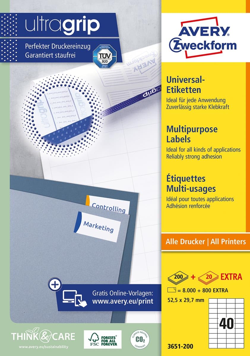 AVERY Zweckform 3651-200 Universal Labels (8,000 Plus 800 Adhesive Labels Extra, 52.5 x 29.7 mm on A4, Matte Paper, Individually Printable, Self-Adhesive Stickers with Ultragrip) 220 Sheets, White
