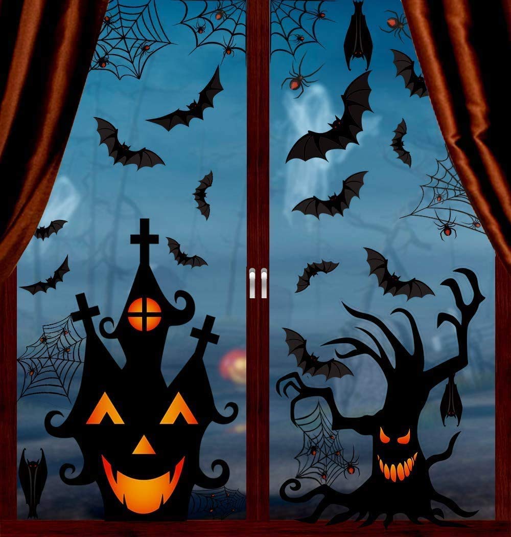 LOKIPA Halloween Window Clings Stickers, 7Sheet Halloween Bats Spiders Window Cling Sticker Decal for Halloween Window Decoration — image 1