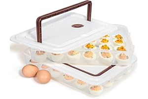 77L Deviled Egg Container with Lid, (Set of 2), Plastic Deviled Egg Tray Carrier with Handle for 48 Eggs, Clear Storage Egg Holder for Refrigerator, Fridge Stackable Countertop Portable Egg Dispenser
