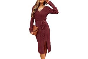 MEROKEETY Women's 2025 Fall Long Sleeve Bodycon Sweater Dress Winter V Neck Cable Knit Slit Midi Dresses