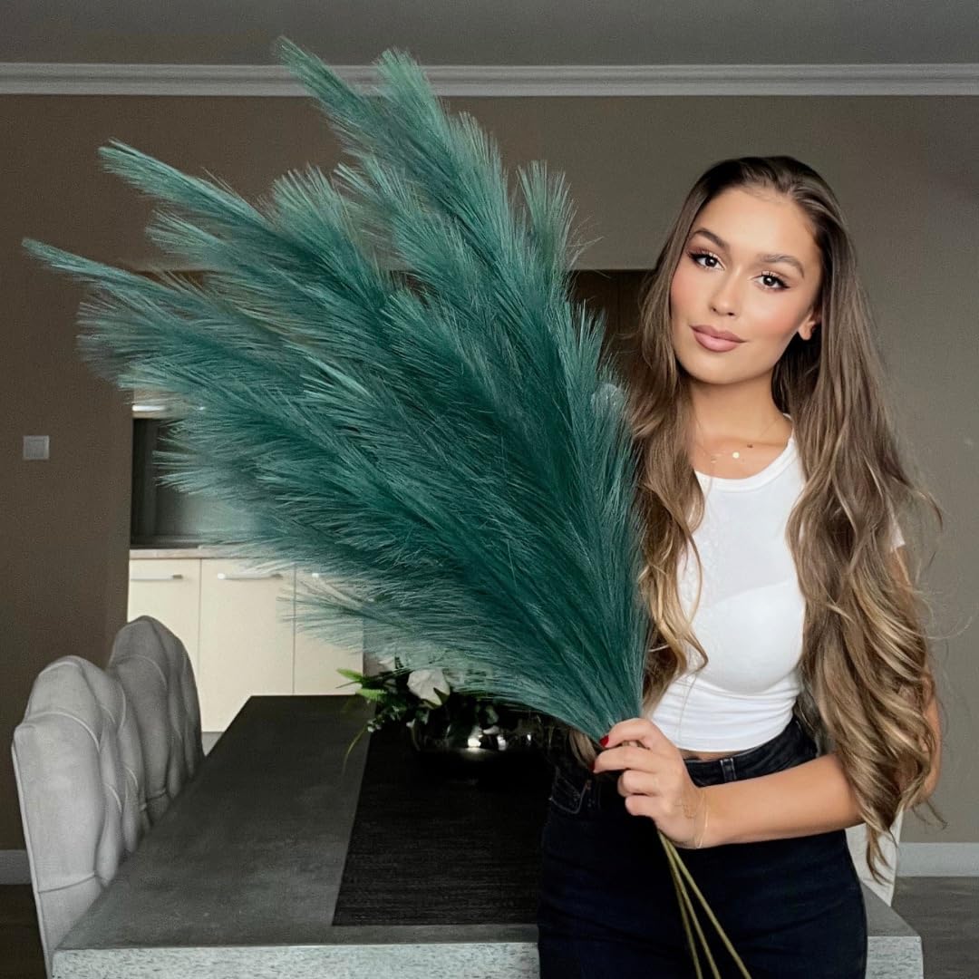 VOULUX Extra Large Tall Teal Green Fake Faux Artificial Pampas Grass Large Fluffy x3 115cm Stems x18 Decorative Artificial Flora Feathers For Floor Vases Tall Plant Flowers Long Pampas Grass