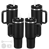 Temolulu 4 Pack 40 Oz Tumbler with Handle Bulk, Double Wall Vacuum Insulated Stainless Steel Tumbler with Lid and Straw, 40 oz cup with Silicone Spill Proof Stopper Set (Black)