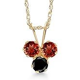 Gem Stone King 14K Yellow Gold Red Garnet and Black Diamond 3-Stone Pendant Necklace For Women (0.40 Cttw, Gemstone January Birthstone, Round 3MM, 18 Inch Chain)