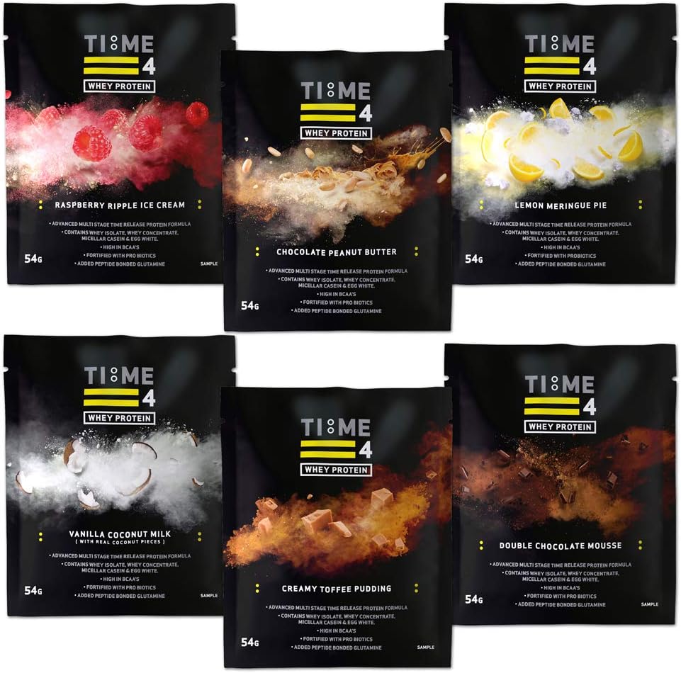 Time 4 Whey Protein - Time Release Blend of Whey Protein Isolate, Whey Protein Concentrate, Micellar Casein & Egg White + BCAAs + Probiotics (Variety Pack (Sachets Only), 6 x 54g Sachets)