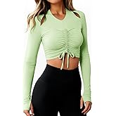 Fisoew Womens Long Sleeve Ruched Tops Workout Slim Fit Cropped Drawstring Shirts Gym Yoga Outfits