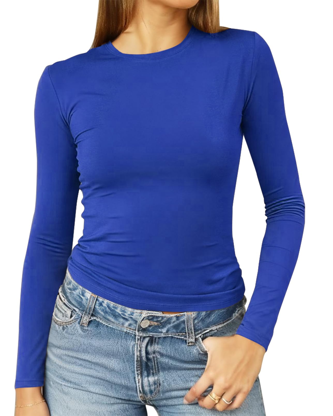 Photo 1 of Abardsion Women's Long Sleeve Shirts Spring 2025 Casual Basic Going Out Crop Tops Slim Fit Tight Y2K Clothes(Royal Blue, M)