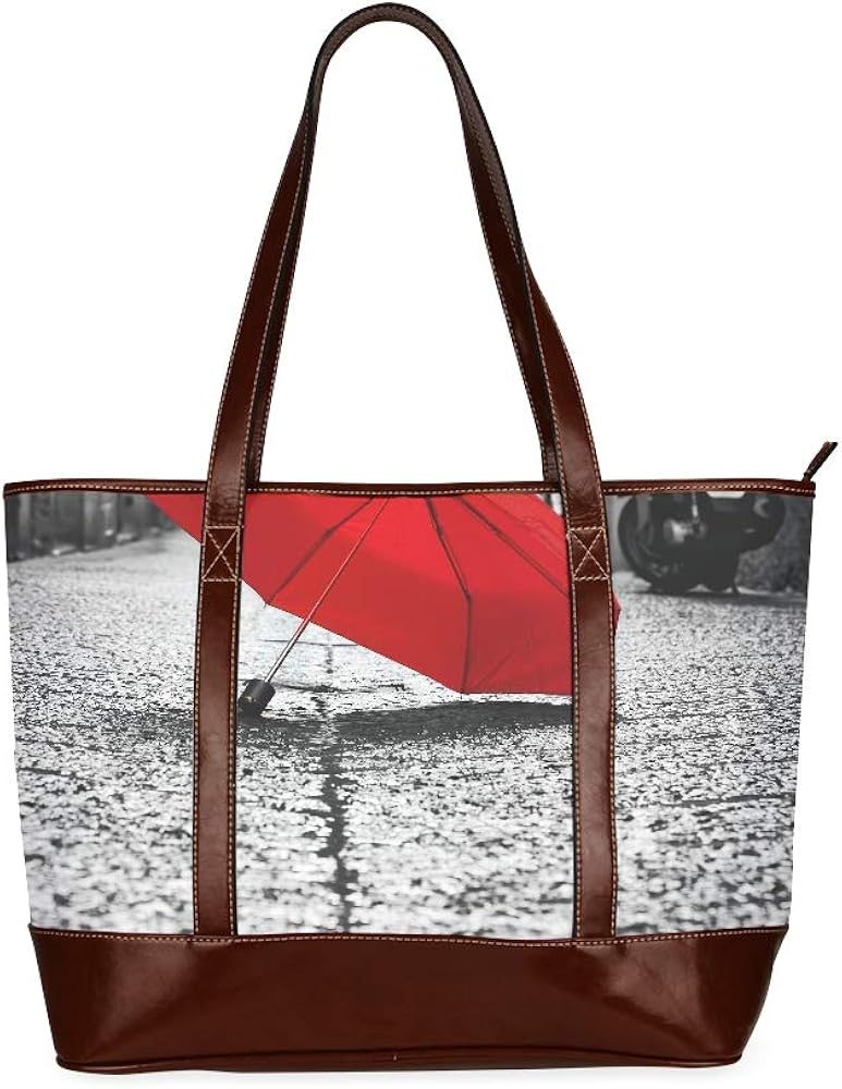 Red Umbrella On Cobblestone Street Old Ladies Tote Handbags