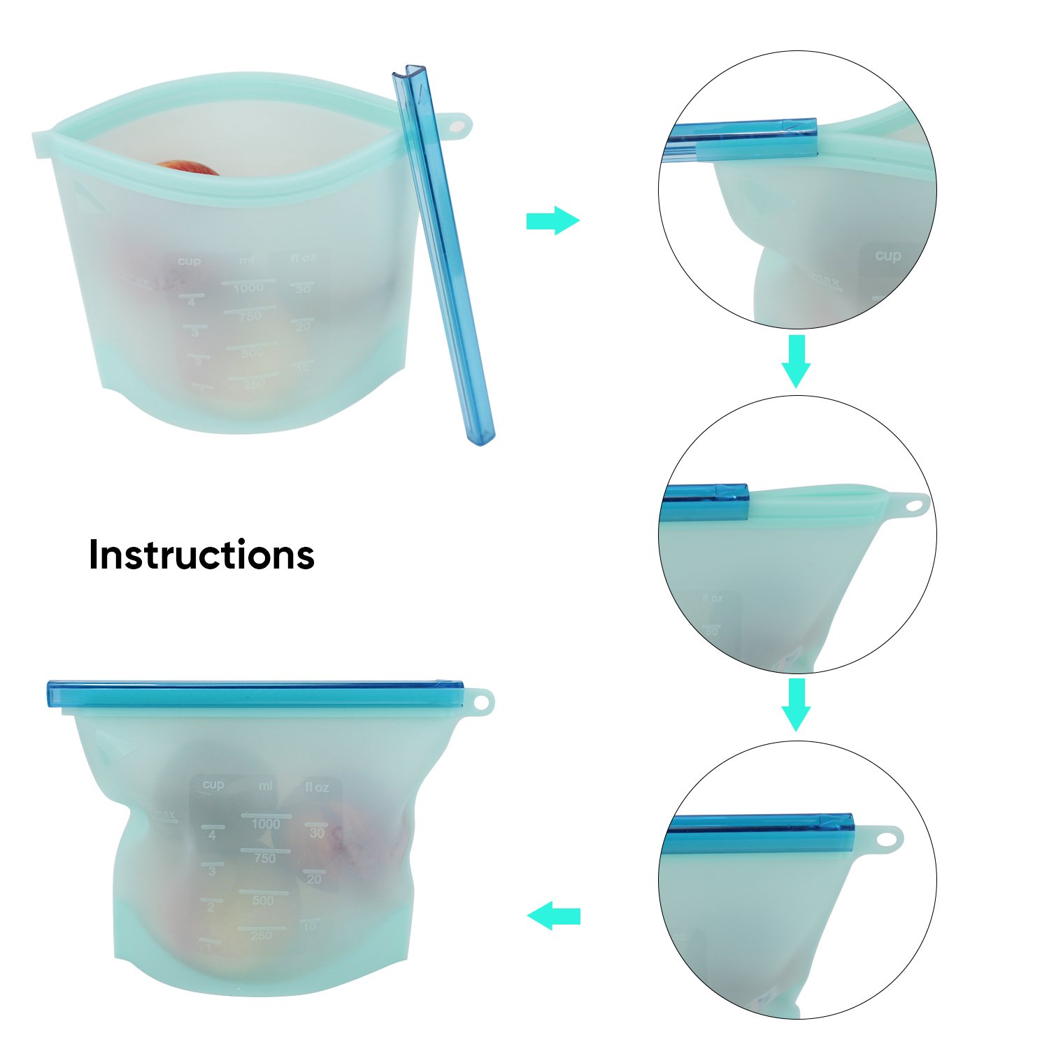 ACMEDE Silicone Fresh Bags Reusable Storage Bags Eco Friendly Airtight Seal Leak-proof Keeps Food Fresh for Freeze, Steam, Boil, Microwave (BPA free) 4 Pack Set 50 OZ