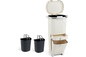 Goplus 10 Gallon Kitchen Trash Can with Lid, Double-Layer Sorting Trash Bin with 2 Removable Buckets, Step Pedal & Wheels, Ve