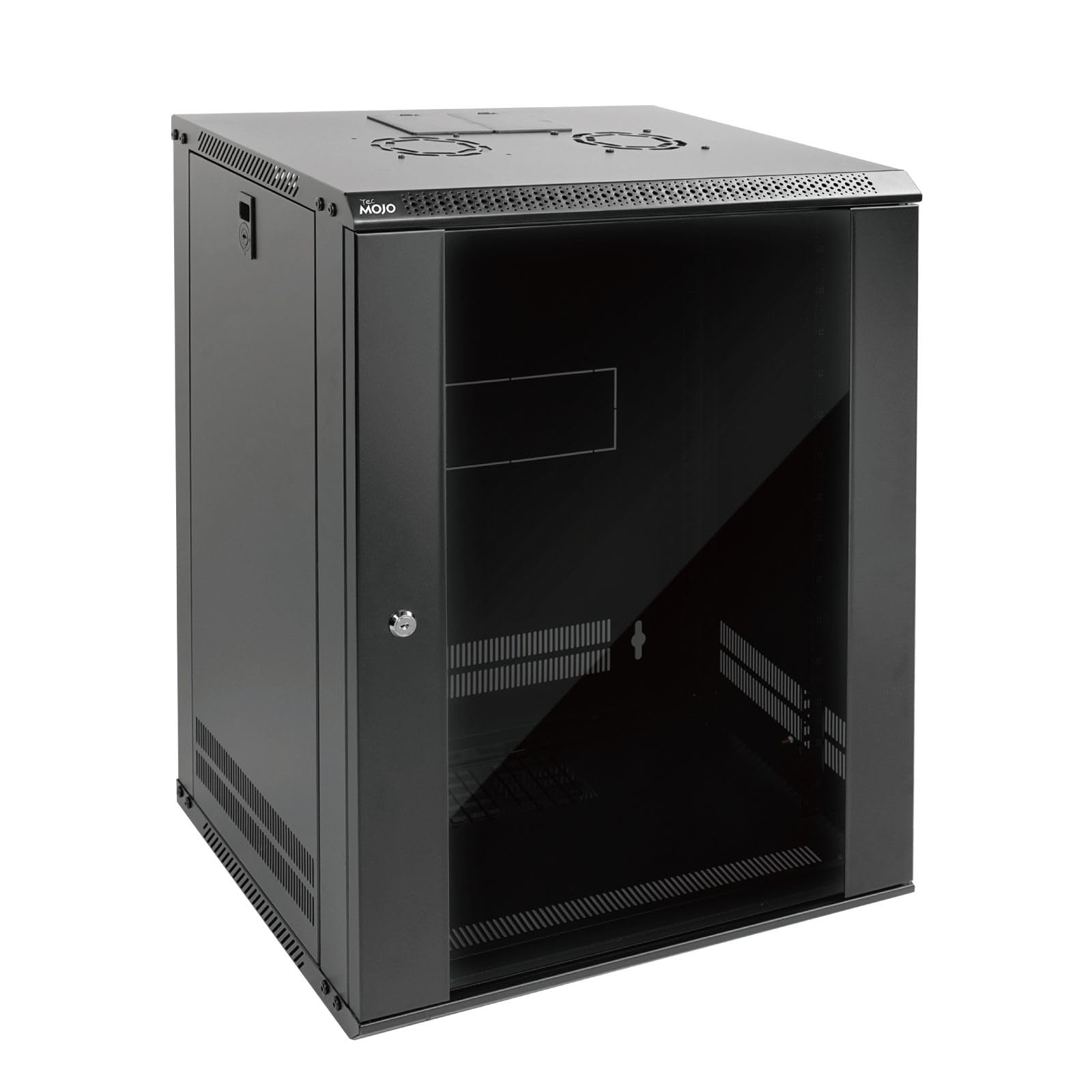 Photo 1 of Tecmojo 15U Wall Mount Rack Network Cabinet for 19" IT Equipment,with Lockable Glass Door and Side Panels,Cooling Fan,17.7inch Depth,Black (15U)