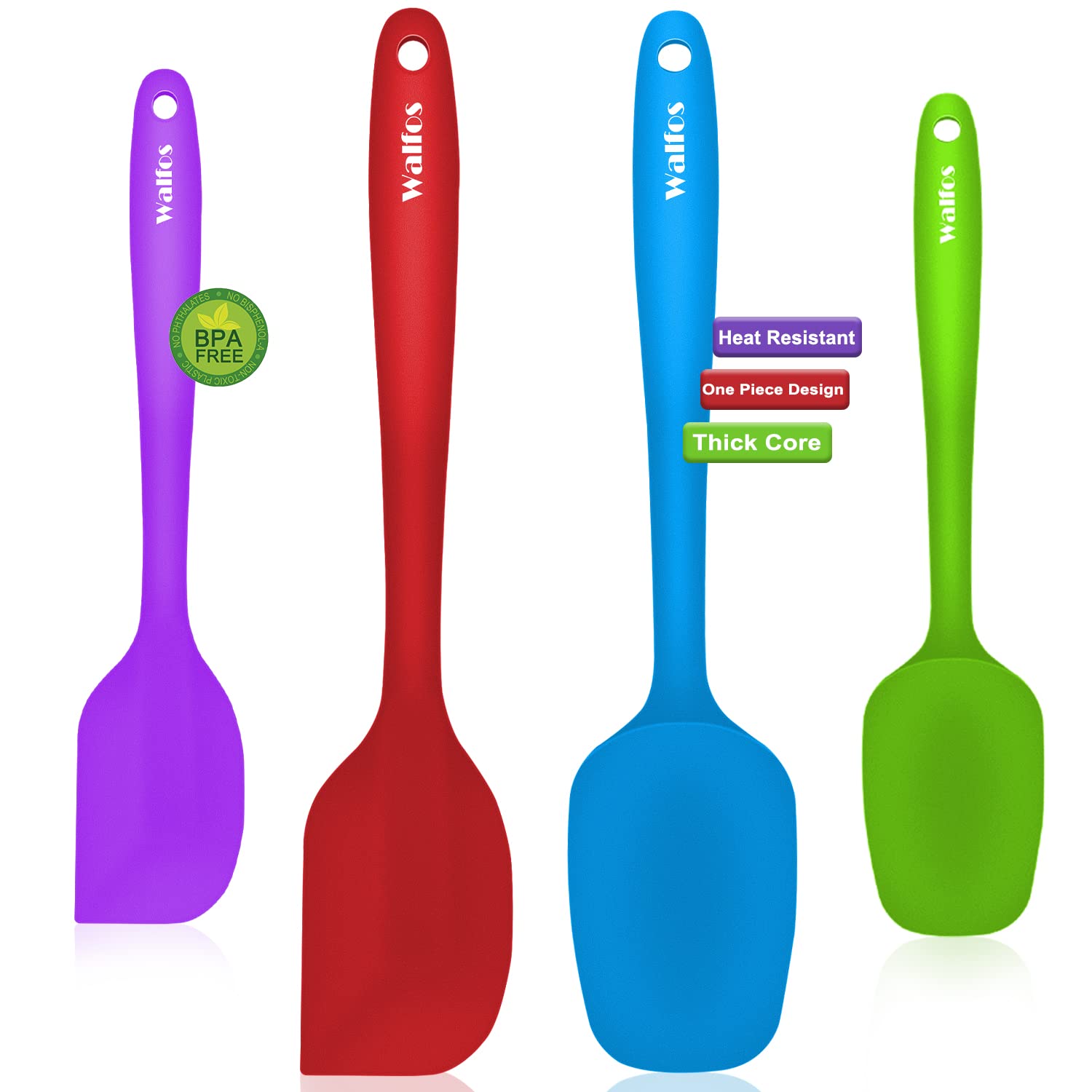 Walfos Silicone Spatula Set of 4(600°F）,Heat Resistant Kitchen Silicone Scraper Spatulas, Strong Steel Core and One-Pieces Seamless Design, For Cooking Mixing & Baking,BPA Free & Dishwasher Safe