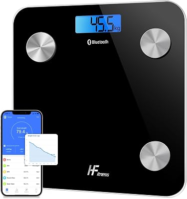 HFitness Personenwaage mit 19 Körperanalysewerten, Große 28×28cm Trittfläche, Bluetooth Körperfettwaage mit App, Digitale Körperanalysewaage Schwarz