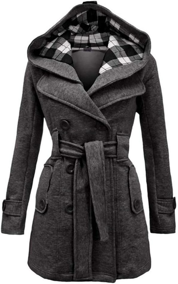 Leomodo Women Plaid Warm Fleece with Belt Hooded Woolen Coat Double-Breasted Long Jacket