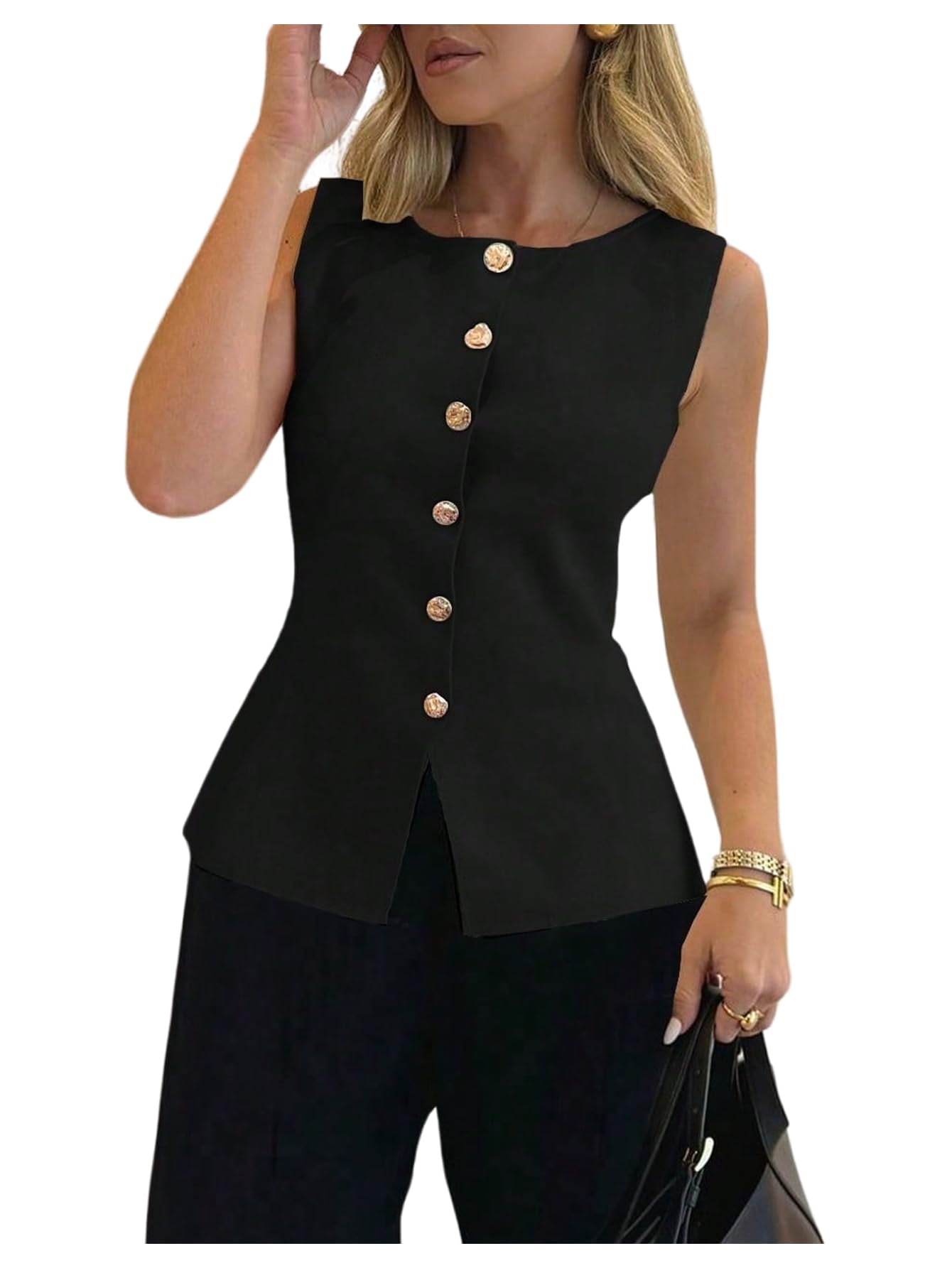 Photo 1 of Floerns Women's Plus Size Elegant Button Down Open Front Crew Neck Lightweight Tank Top Business Knit Sweater Vest Black 3X-Large Plus