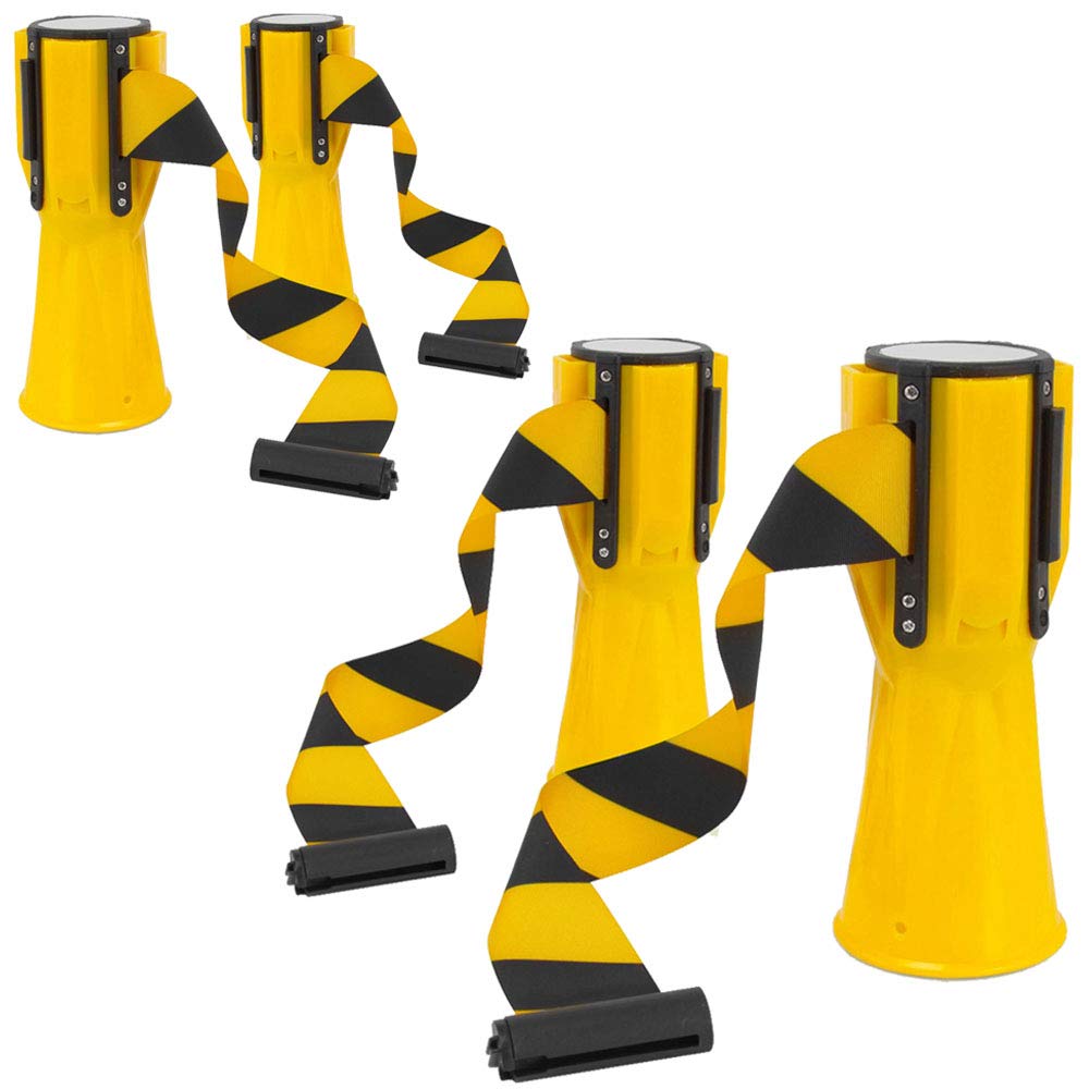Pyle PCNTP16X4 4-Pc Traffic Cone Emergency Belt – Retractable Traffic Cone Hazard Warning Tape Barrier Belt, High-Visibility w/ Striped Bright Yellow Design, Marine-Grade Waterproof