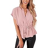 Womens Button Down Blouses Casual Peplum Summer Tops Dressy Chiffon Work Blouse Pink