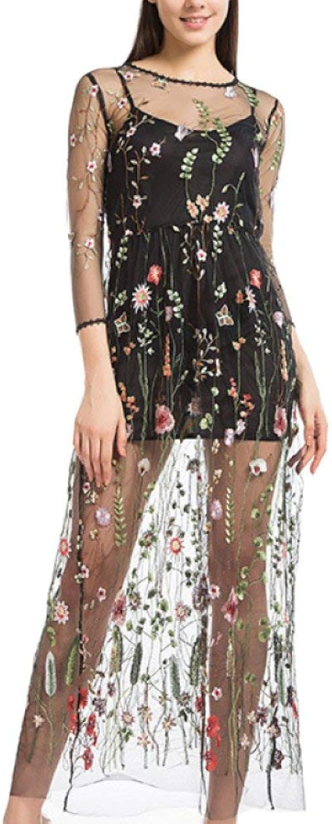 Women Sheer Summer Long Dresses Ladies Casual Embroidered Beach Dress