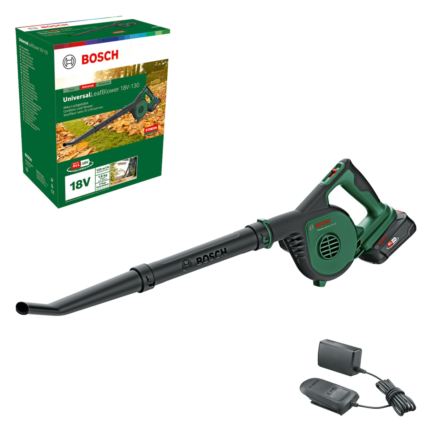 Bosch Akku-Laubbläser UniversalLeafBlower 18V-130 (Für schnelles und einfaches Säubern im Außenbereich; 18 Volt System; 1x 2,5-Ah-Akku und Ladegerät)