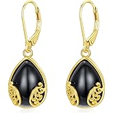 MEIDERBO Black Onyx Earrings 925 Sterling Silver Gold Plated Teardrop Filigree Boho Dangle Earrings Black Onyx Jewelry Gifts for Women
