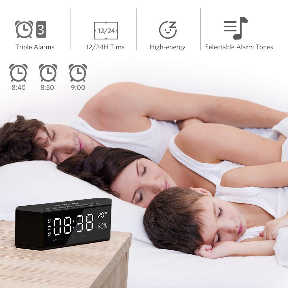 Bedside Alarm Clock Bluetooth Speaker for Bedroom, 3 Alarm Sets with