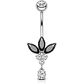 COCHARM Black Lotus Belly Button Rings, 14G Gold Dangle Belly Navel Rings for Women, Stainless Steel Belly Navel Piercing Jewelry