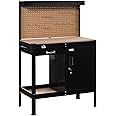 HOMCOM Multipurpose Workbench, Workshop Tool Table with Slide Drawer. Peg Board, Storage Cabinet with Keys