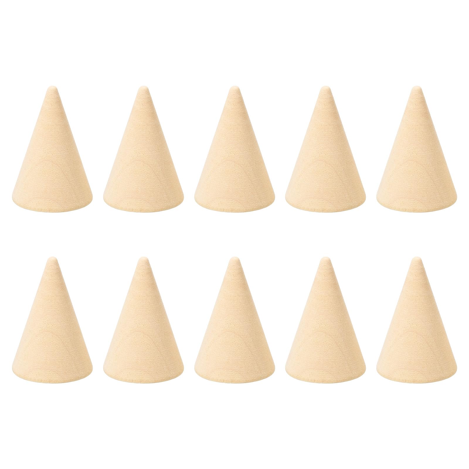 PATIKIL 50x35mm Natural Wood Cone Ring Holder, 10 Pack Finger Jewelry Display Stand Organizer Unpainted Wooden Cones for DIY Craft, Wood Color