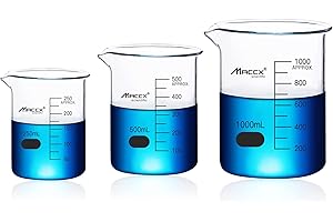 Maccx Sturdy Glass Beakers, 3 Sizes of 250m 500ml 1000ml,3.3 Borosilicate Griffin Low Form with Printed Graduation, BKLS04-003