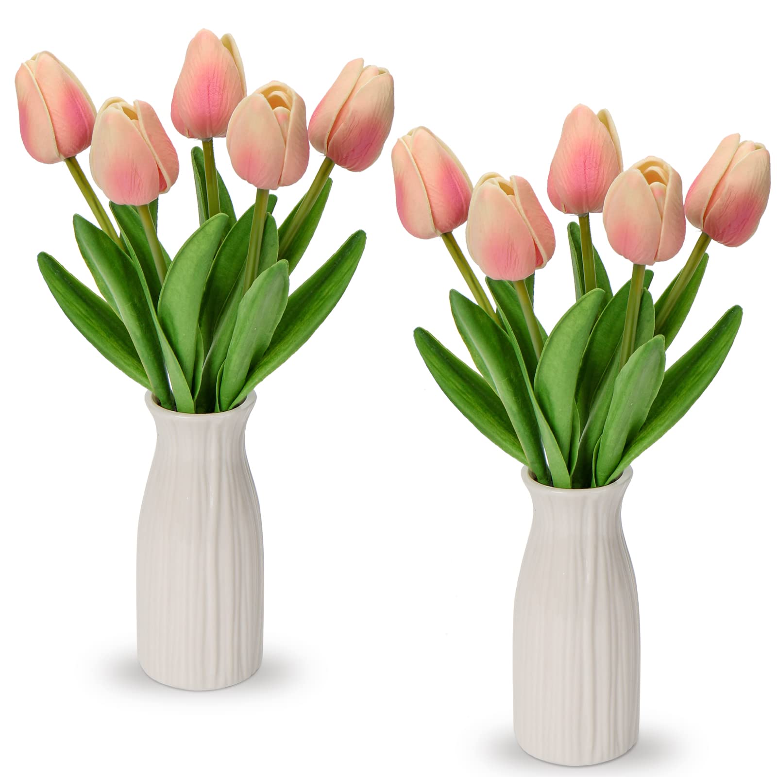 Briful 2 Packs Fake Flowers Artificial Tulips with Ceramic Vase, Pink Artificial Flowers Poly Foam Tulips Real Touch Flowers Artificial in Vase for Home Decor, Centerpieces, Wedding Decoration