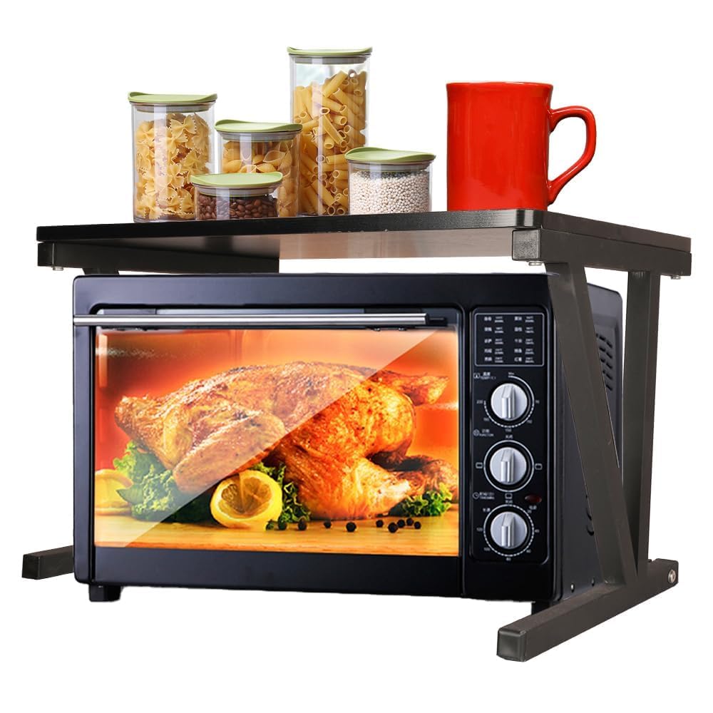 GLOYY 2-Tier Microwave Oven Rack, Heavy-Duty Load Black Metal Shelf for Kitchen Counter, Space Saving Organizer for Appliance & Dishes, Easy Assemble 15” Wide