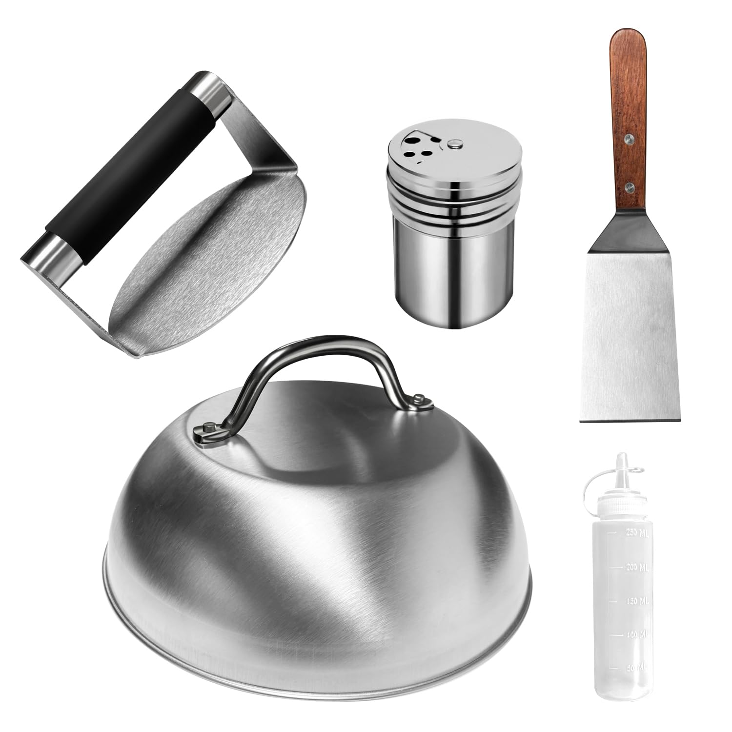 Hmfmdy Burger Press Kit, Burger Smasher & Metal Burger Spatula, Burger Dome, Spice Dredge Shaker, Squeeze Bottles, Flat Top Grill Accessories Set, BBQ Tools Set, Cooking Utensils Set - B