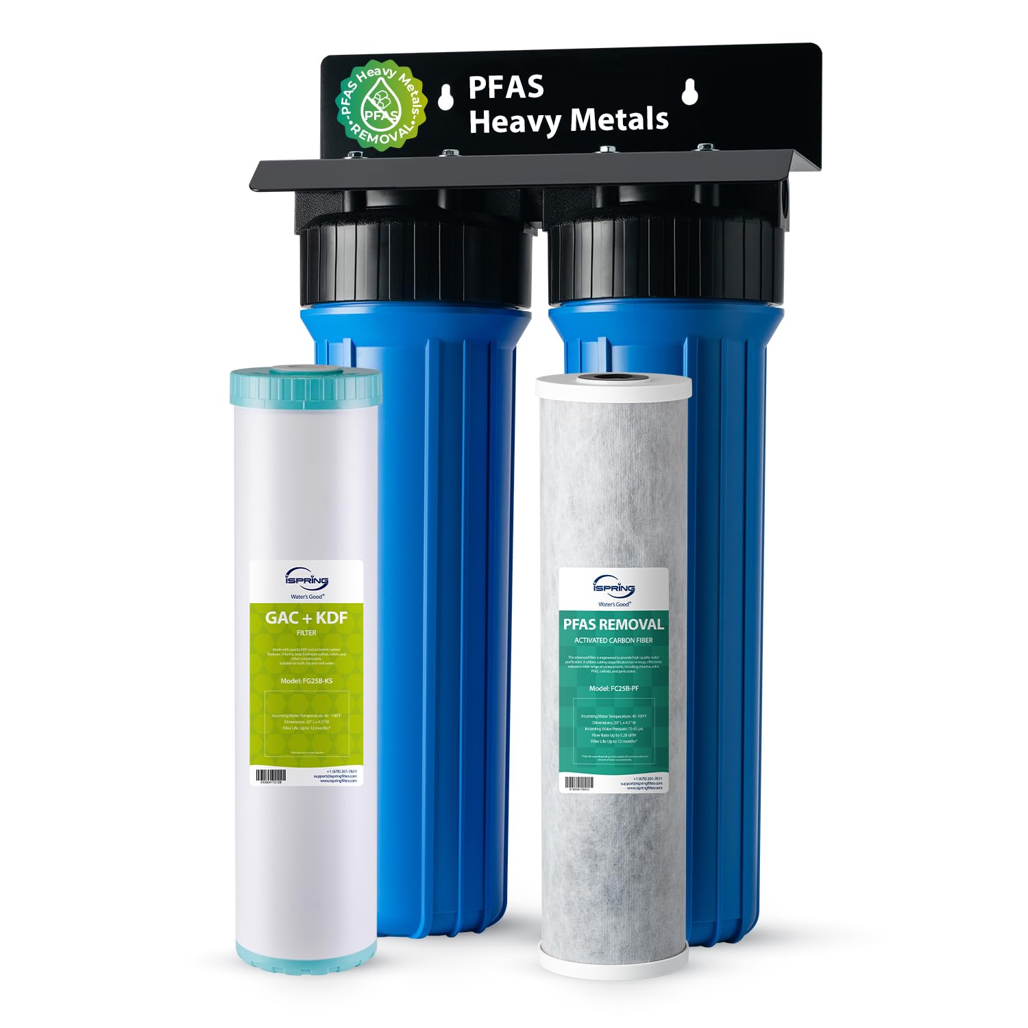 iSpring PFAS & Heavy Metal Whole House Water Filter System, Also Reduces Chlorine, Hydrogen Sulfide, Odor, Bad Taste, SGS-Tested Reducing up to 99% of PFAS, 1” Inlet/Outlet, Model: WGB22B-PFKS Image
