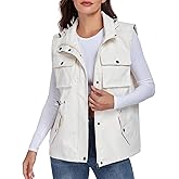KateModa Women's Military Utility Vest Sleeveless Drawstring Jackets Waterproof Cargo Vest Outerwear with Removable Hood
