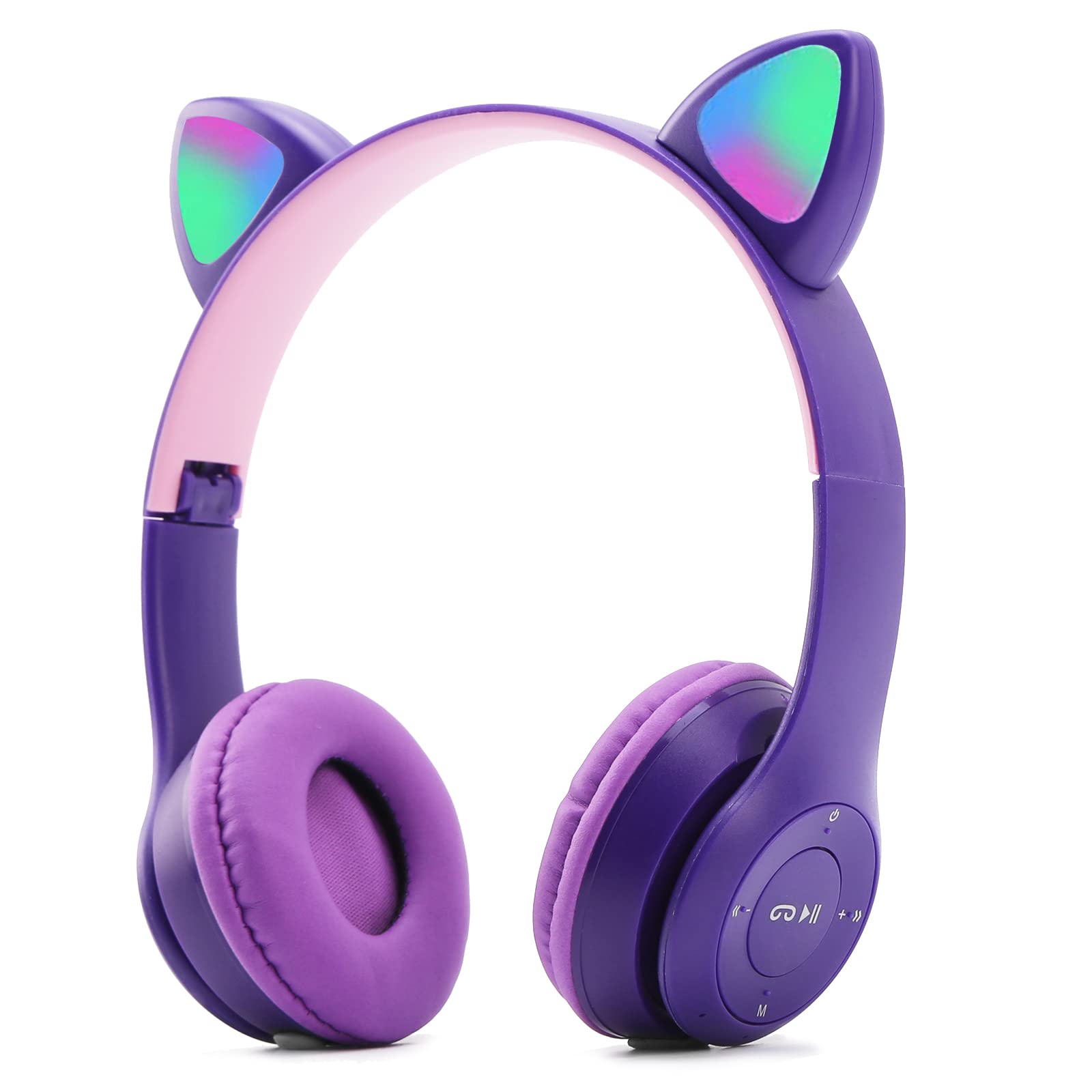 VACANON Kids Headphones Wireless Cat Ear Headphones for Girls LED Light Up Foldable Bluetooth Over-ear Headset with Hi-Fi for PC/Phone/iPad/Study/Travel (Purple)