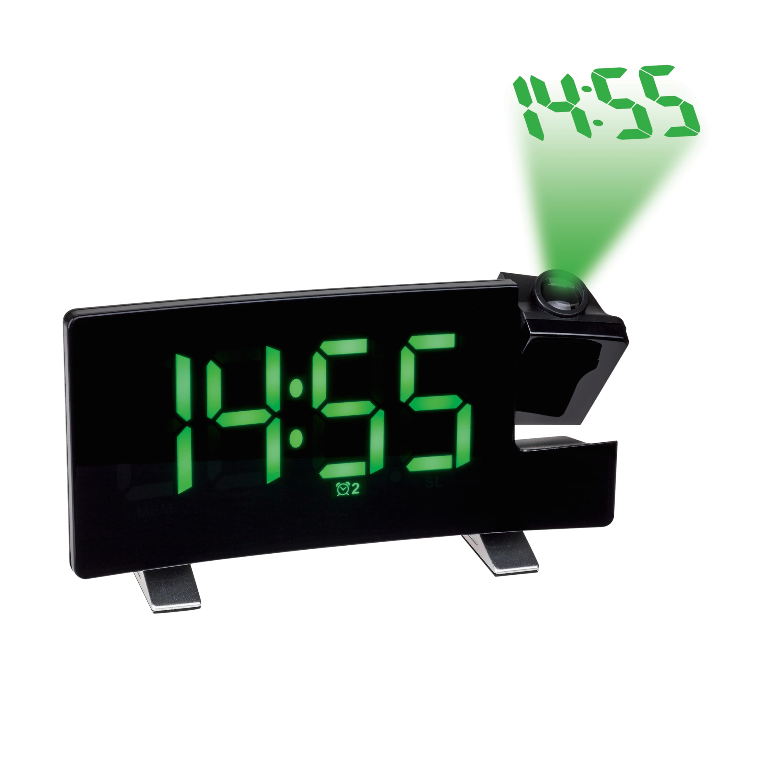 TFA Dostmann Projection Alarm Clock, 60.5015.04, with FM Radio, 2 Alarm Times, Black with Green Luminous Numerals, Plastic, (L) 180 x (W) 48 x (H) 100 mm
