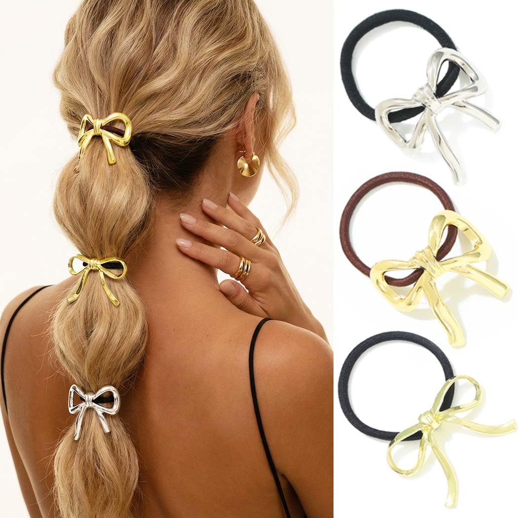 Reaky Bow Hair Ties Gold Metal Ponytail Holders Bowknot Ponytails Hair Cuffs 3 Pcs Elastic Hair Tie Hair Accessories for Women