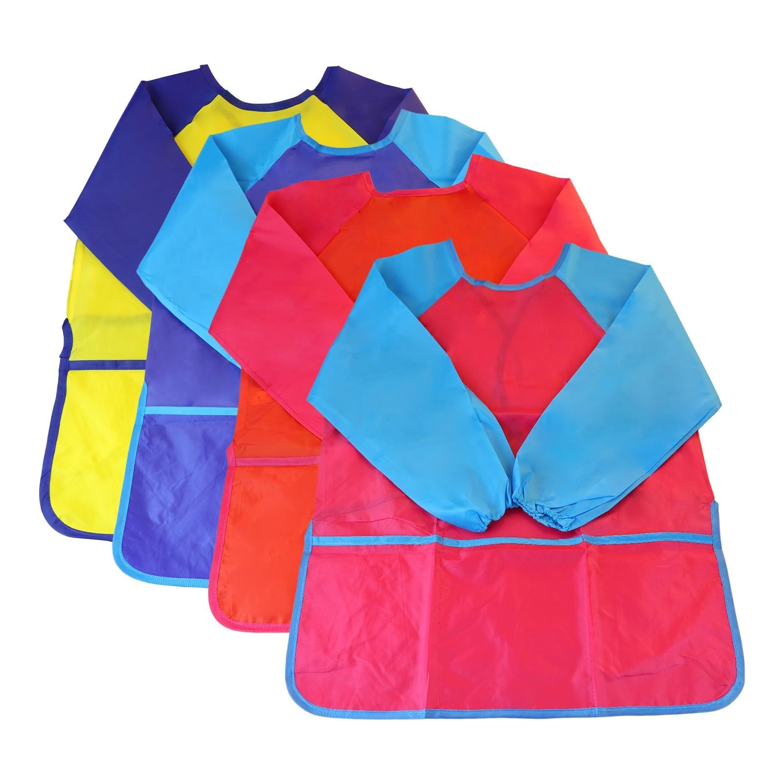 KZNKZN 4 Pack Kids Painting Aprons, Kids Art Aprons, Kids Craft Aprons with Pockets and Long Sleeves, Waterproof Toddler Painting Cover Ups for 5-8 Years Boys and Girls Cooking Baking Crafts