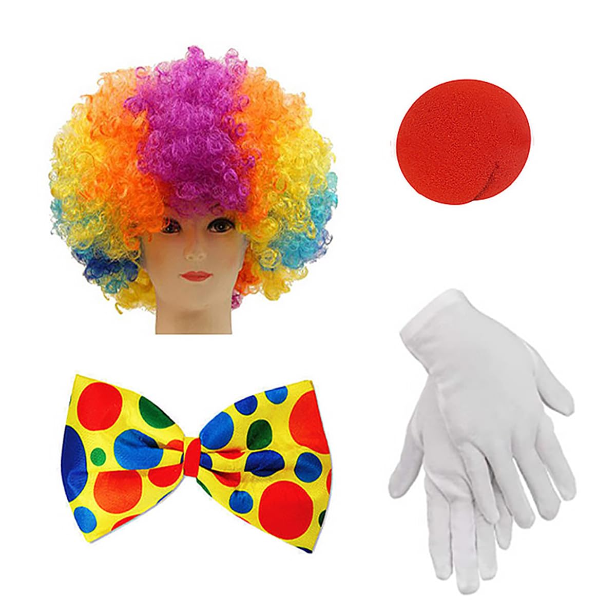 Tiardey 4PCS Clown Costume Accessories Rainbow Wig Clown Clown Nose Gloves Colourful Tie for Halloween Cosplay Party Carnival Circus Show