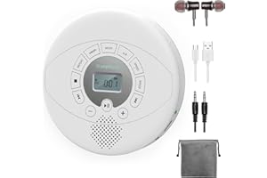 Portable CD Player, KUEPHOM Walkman CD Player with Headphones, Discman with Speaker,Anti-Skip CD Player for Car, Rechargeable 1500mAh, CD,USB disc playable with Memory, AUX in for audiobook, White