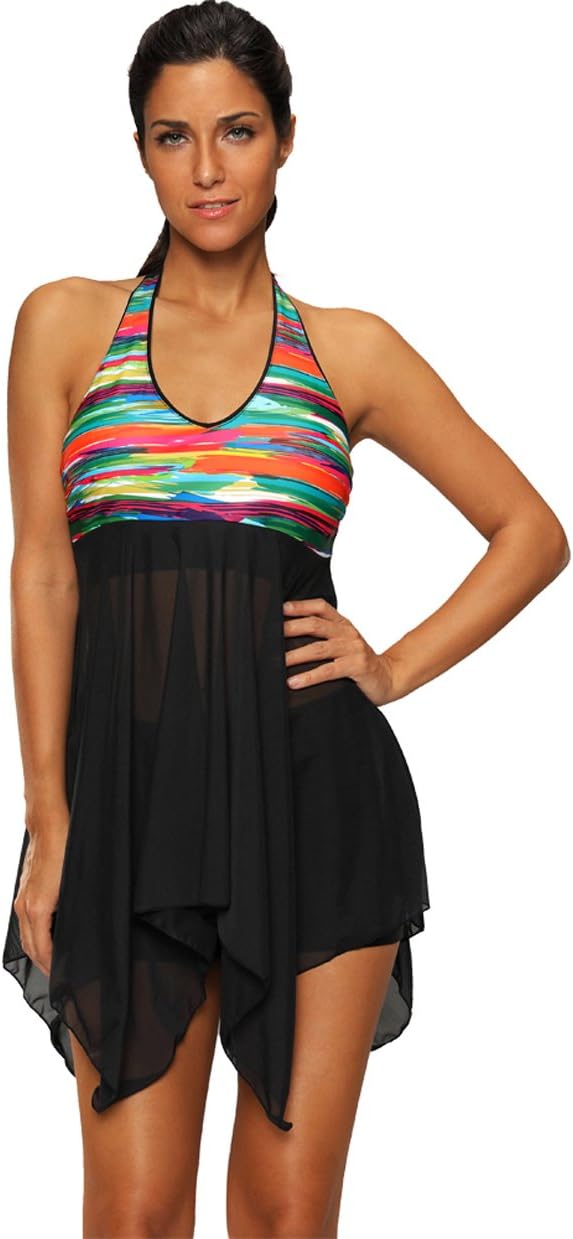 Runtlly Women's Tankini Set with Boyshort Irregular Skirtini Swimdress Swimsuit