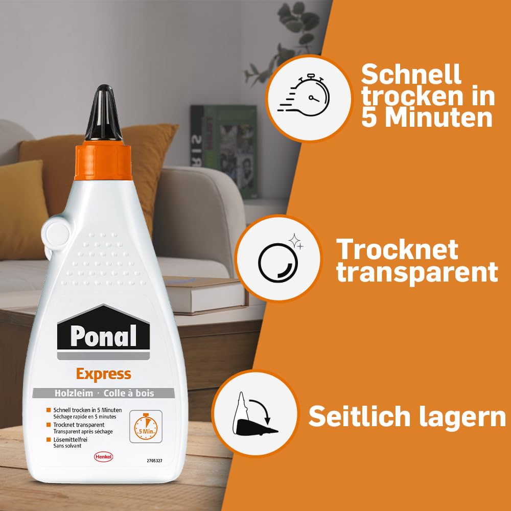 Ponal Express Holzleim, transparent und schnell trocknender Holzkleber für vielseitige Verleimungs- & Bastelarbeiten, wasserfester Leim in praktischer Flasche, 1x550g 3