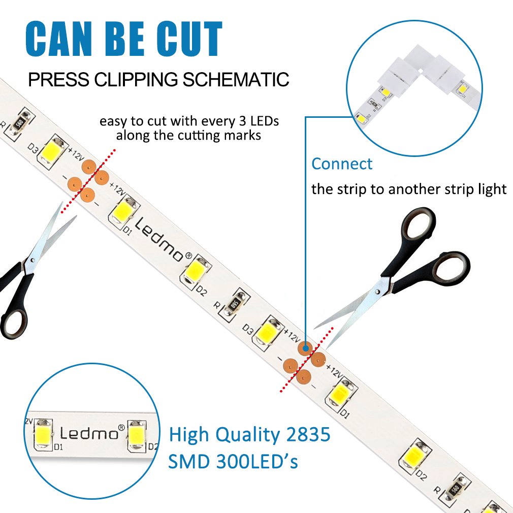 LED Strip Lights Cool White 6000K Led Light Strips DC12V Strip of Led Lights SMD2835 300Leds Led Tape Lights Strip Led 16.4 Ft Flexible light strips DIY Decoration Outdoor