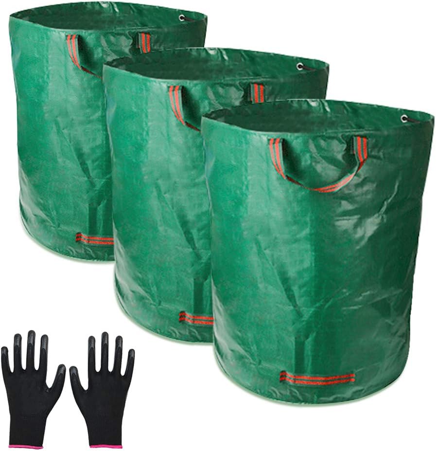 TOPSEAS Gartensack,3er Set Gartensack,300L Gartenabfallsack aus robustem Wasserdichtes Polypropylen-Gewebe (PP) - Selbststehend und Faltbar Laubsäcke,inkl.1 Paar Gartenhandschuhe
