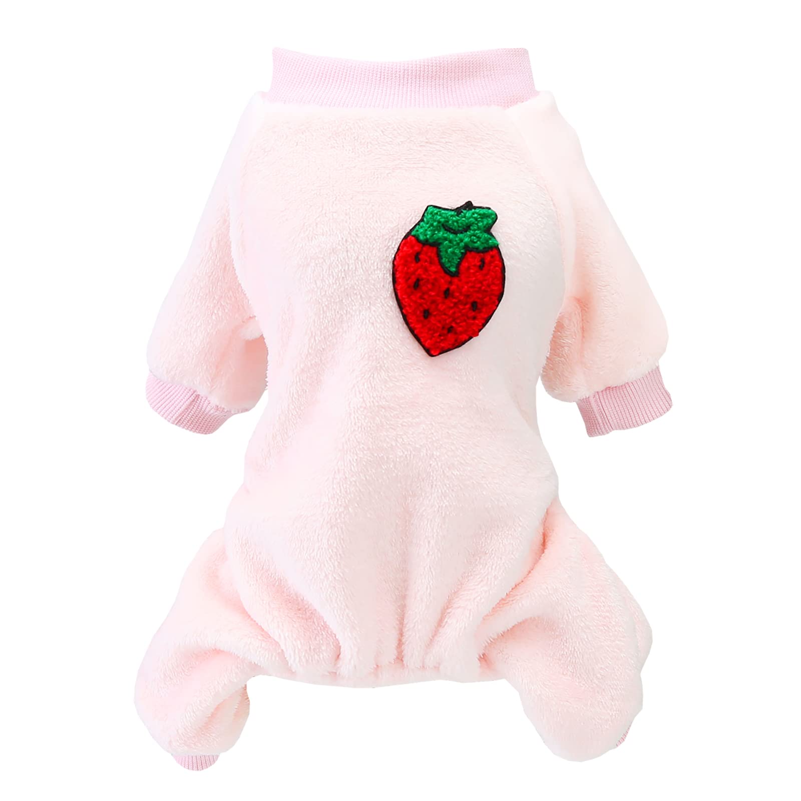 Izefia Dog Sweater Clothes Fleece Woolen Winter Warm Sweat Shirt 4 Legs Jumpsuit Pajamas Fruit Simple Sweater for Small Dog Medium Cat Pink L
