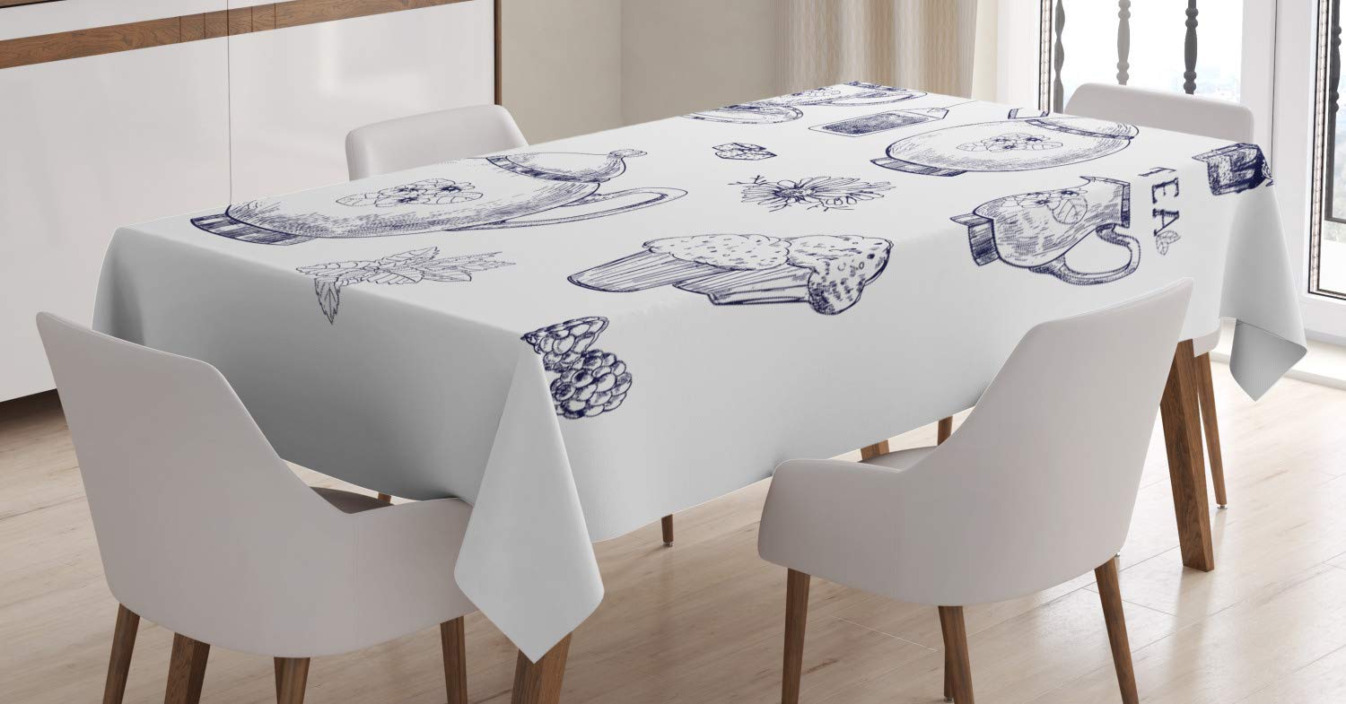 ABAKUHAUS Blue and White Tablecloth, Hand Drawn Teapots and Cups Muffins and Bags Vintage English Tradition, Dining Room Kitchen Table Cover, 54" x 66", Navy Blue White